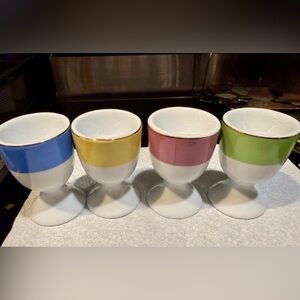 (4) Pottery Barn  Colored Rim Egg Cups Gold Trim Pink Yellow Blue Green. NEW